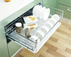 Ngăn kéo đựng bát đĩa, inox sợi tròn CW26, ray âm giảm chấn